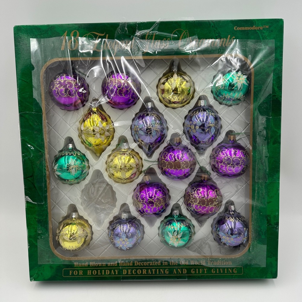 Vintage Glass Christmas Ornaments Purple Gold Green Romania Commodore Lot 17